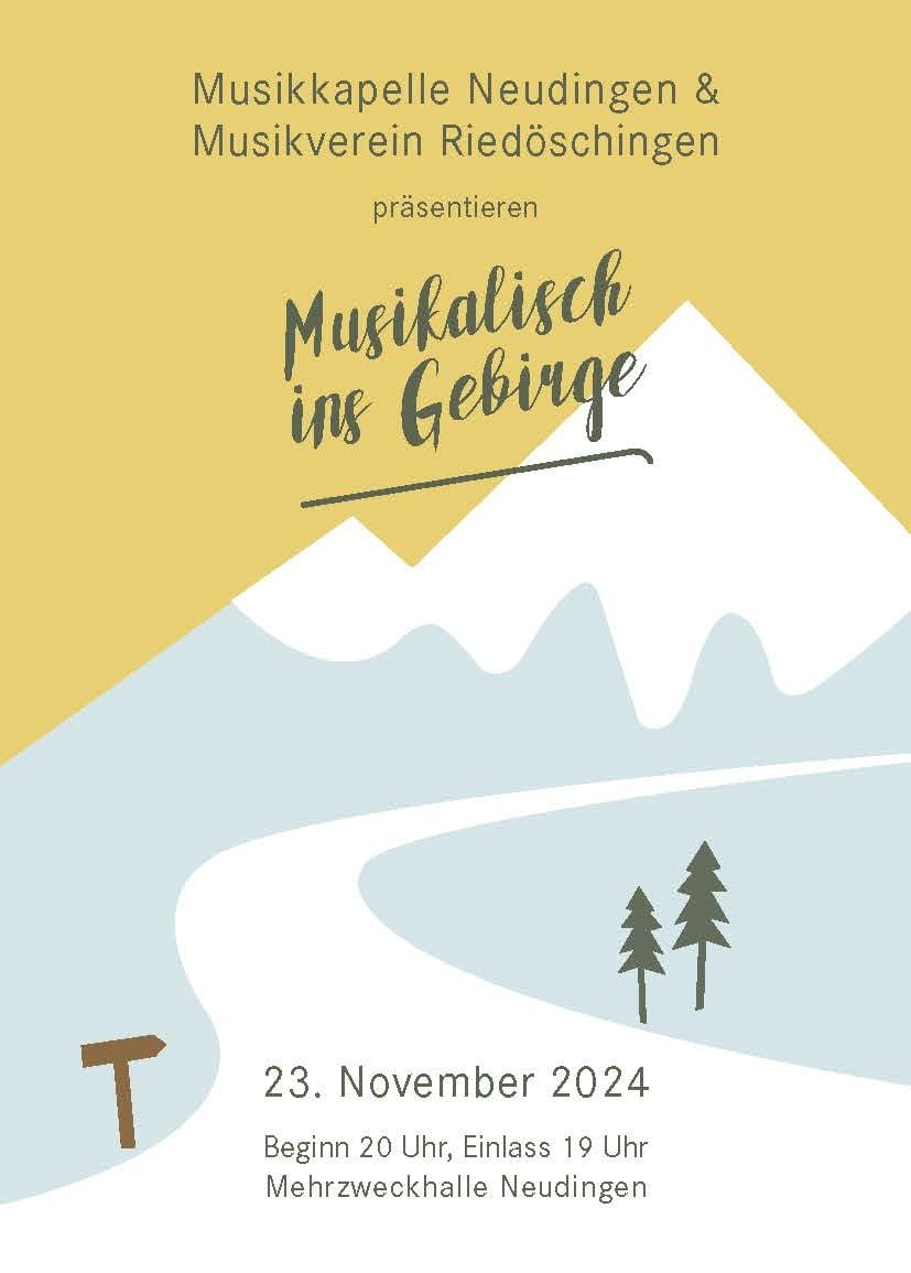 Flyer zum Jahreskonzert 2024 — Musikalisch ins Gebirge